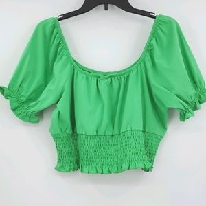 TOPSHOP SHIRRED WAIST PUFF TOP GREEN 14